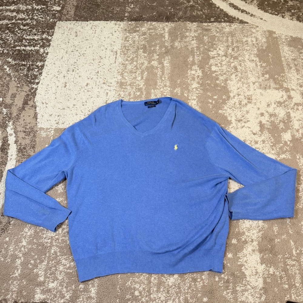 Polo Ralph Lauren Sweater Mens XL Pima Cotton V Neck Pony Logo Knit Blue
